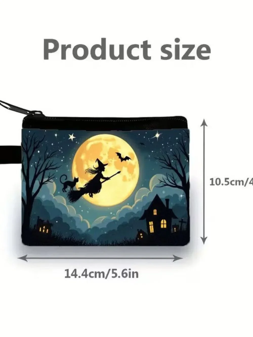 Halloween Gothic Witch w Moon & Bats Makeup Bag Double-Sided 4.1